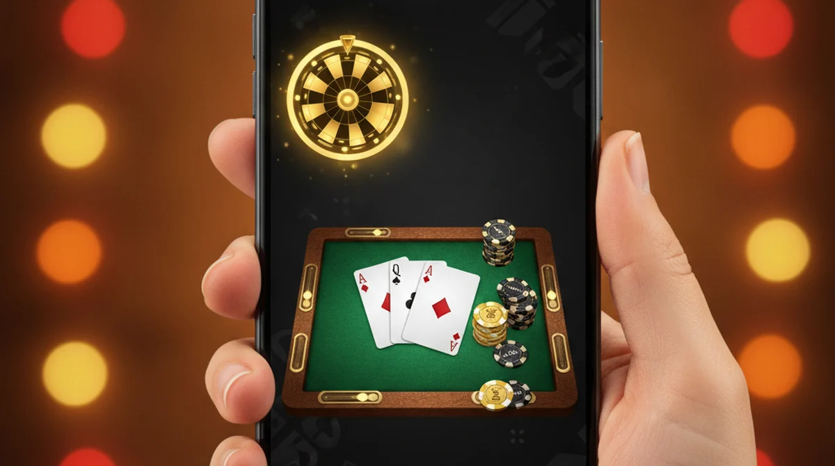 A smartphone showing a VIP 3 Patti style black-and-gold premium lobby with 3-card tables and a VIP badge.