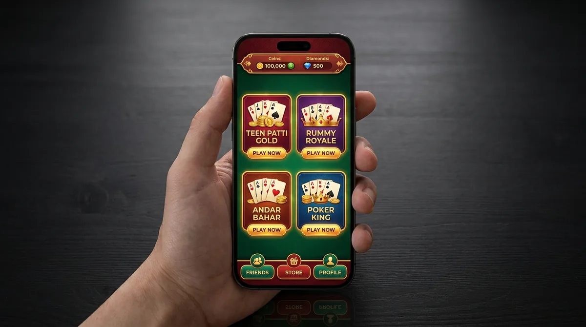 A smartphone showing a typical Yono-style games lobby with tiles for Teen Patti, Rummy, Andar Bahar and other games, plus a coins and diamonds balance bar.