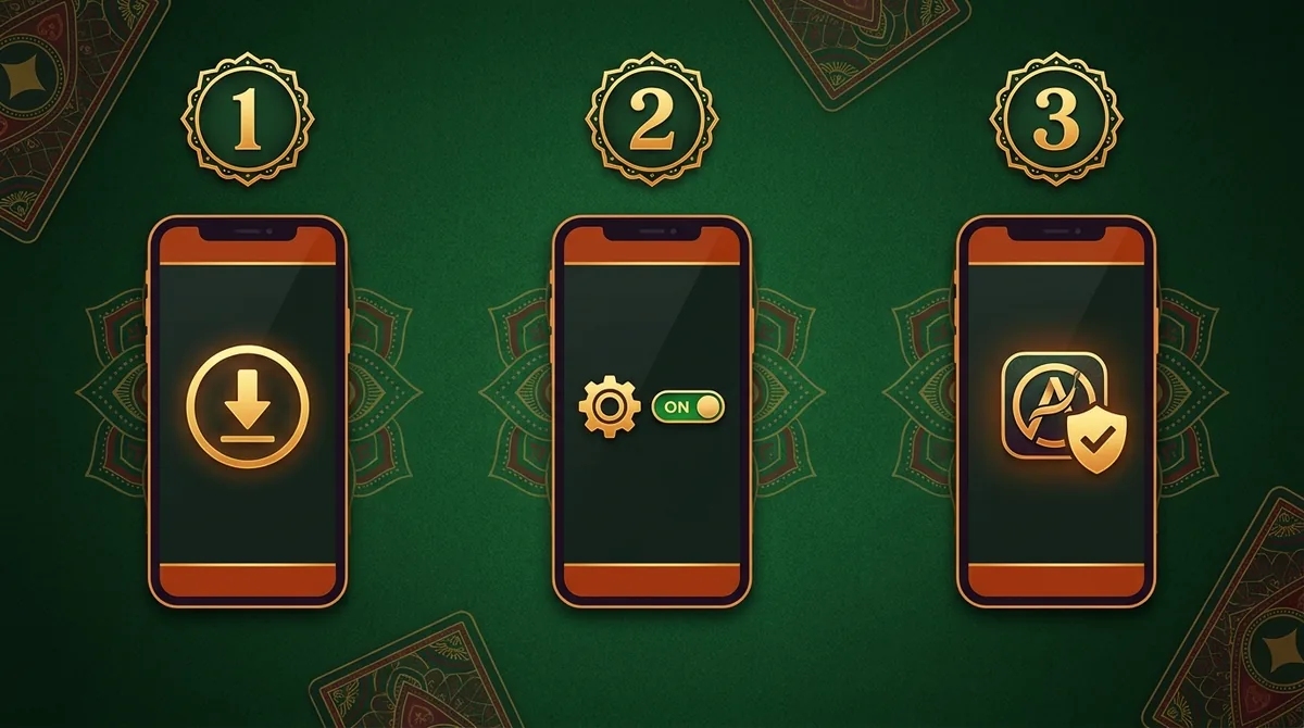 Three steps to install a rummy APK safely: download from a trusted link, review and allow only needed permissions, then finish the install.