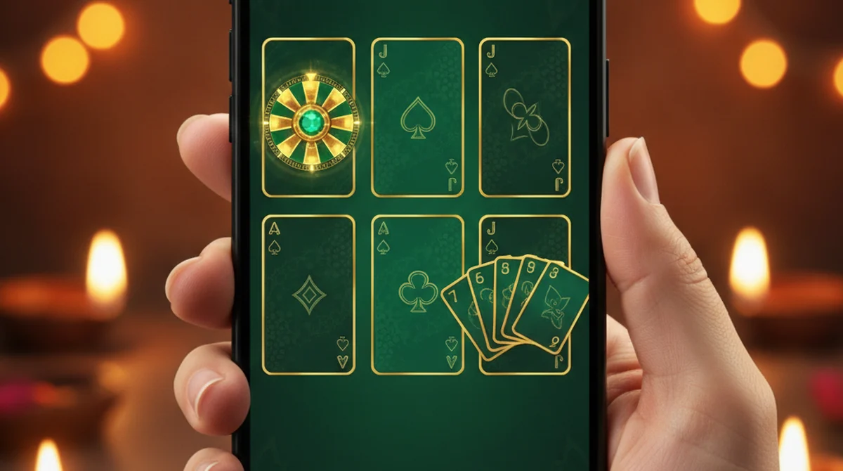 A smartphone showing a Yono Rummy style emerald-and-gold lobby with rummy, Teen Patti and spin games.