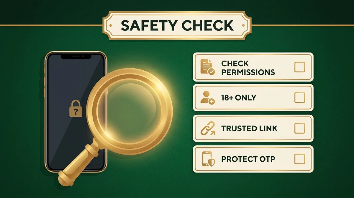 A safety-check graphic for real-money game apps: check permissions, 18+ only, use a trusted download link, and protect your OTP.
